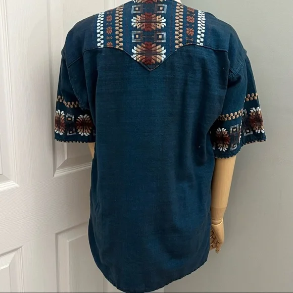 Vintage Embroidered Made in Mexico Dark Blue Heavy Linen Top - Picture 13 of 16